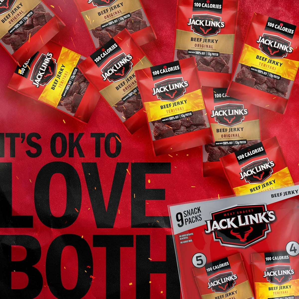 Jack Link's Beef Jerky Variety Pack with Original and Teriyaki flavors, 9 packs of 1.25 oz each, displayed in the image.