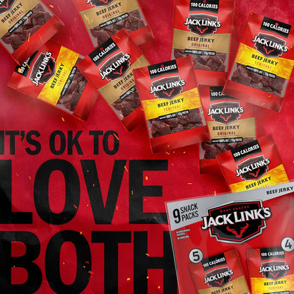 Jack Link's Beef Jerky Variety Pack with Original and Teriyaki flavors, 9 packs of 1.25 oz each, displayed in the image.