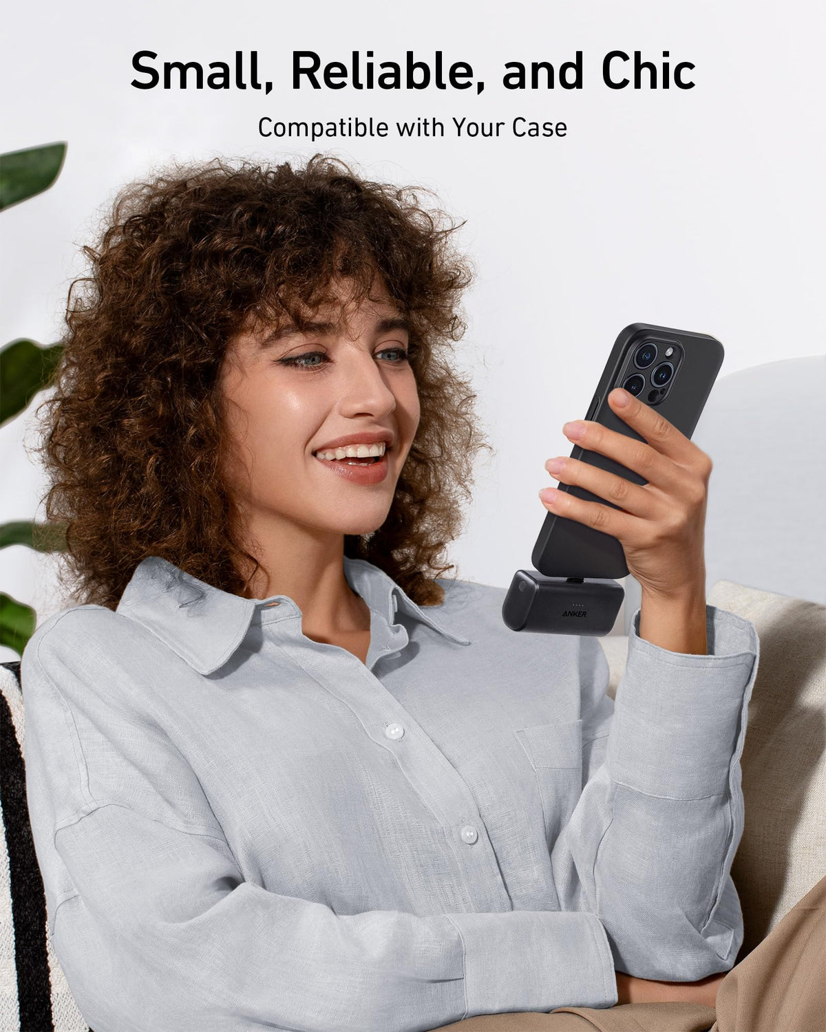 Anker Nano Power Bank with built-in USB-C connector, 22.5W portable charging device on white background
