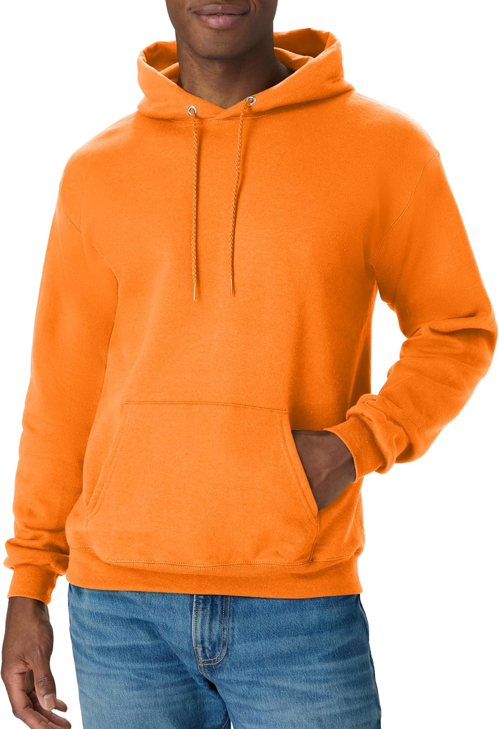 Hanes men's EcoSmart fleece hoodie with a drawstring hood, midweight fleece, suitable for men and women, big and tall options available.