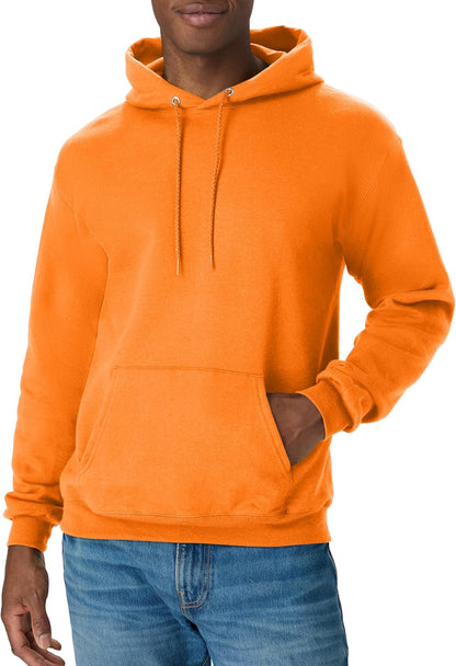 Hanes men's EcoSmart fleece hoodie with a drawstring hood, midweight fleece, suitable for men and women, big and tall options available.