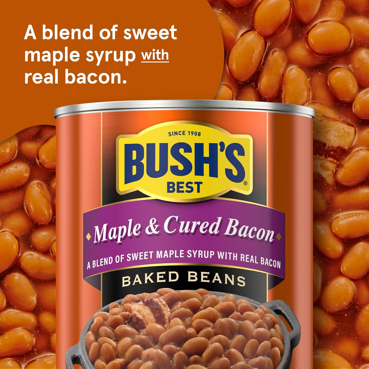 Canned Bush's Best Maple Cured Bacon Baked Beans in 16 oz cans, showing the labeled can with baked beans and bacon bits.