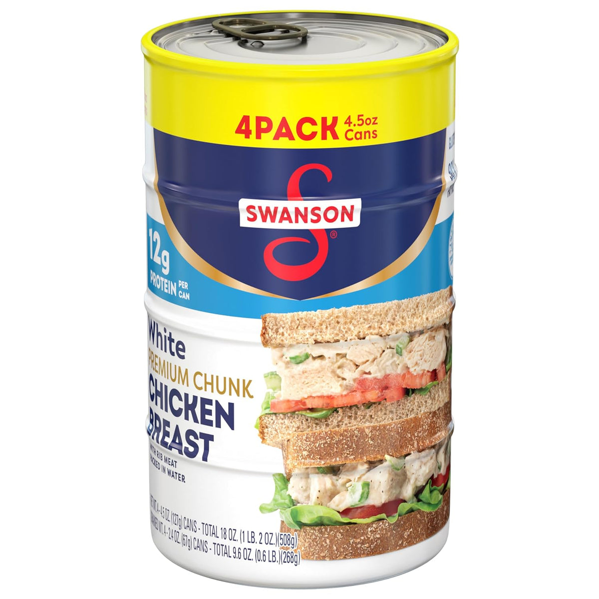 Canned Swanson White Chicken in Water, 4-pack of 2.4 oz cans, with white chicken chunks visible in the can.