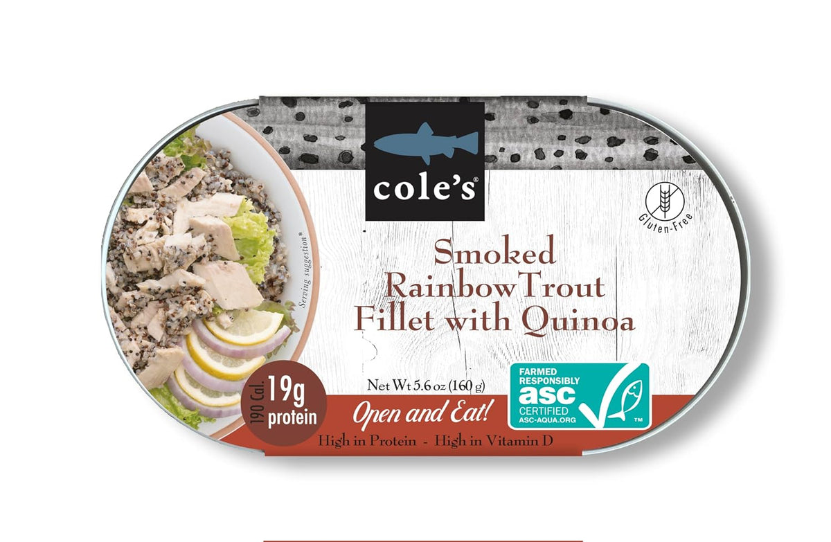 Cole's Ready to Eat Meals variety pack with smoked salmon, trout, quinoa, and vegetables in 5.6 oz cans for high-protein, convenient meals.