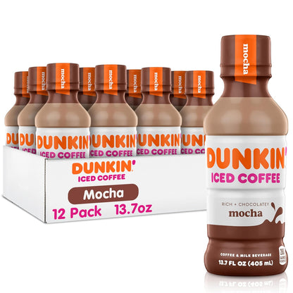 Dunkin' Mocha Iced Coffee in 13.7 fl oz bottles, pack of 12, with dark chocolate mocha flavor and cold beverage appearance.