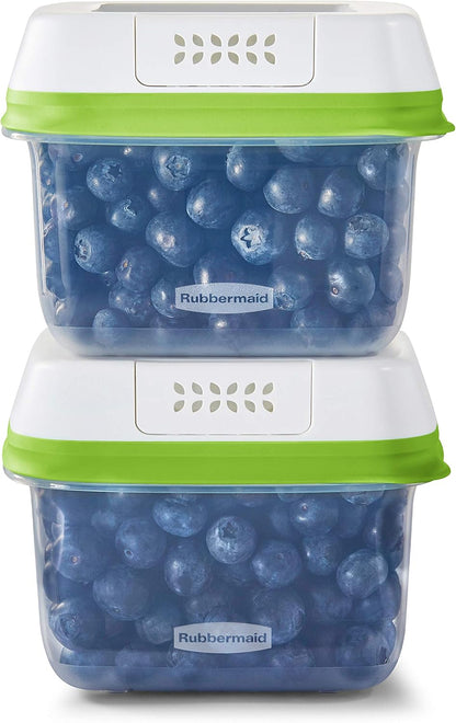 Clear Rubbermaid FreshWorks Saver large short produce storage container with 11.3-cup capacity for fresh fruits and vegetables.
