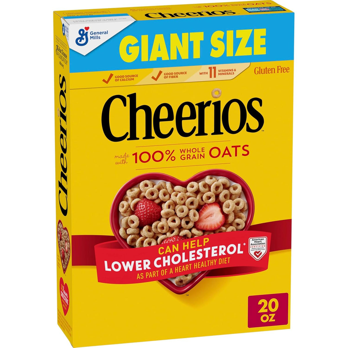Cheerios gluten free breakfast cereal in family size 18 oz box, showing round oat cereal pieces on the front of the box