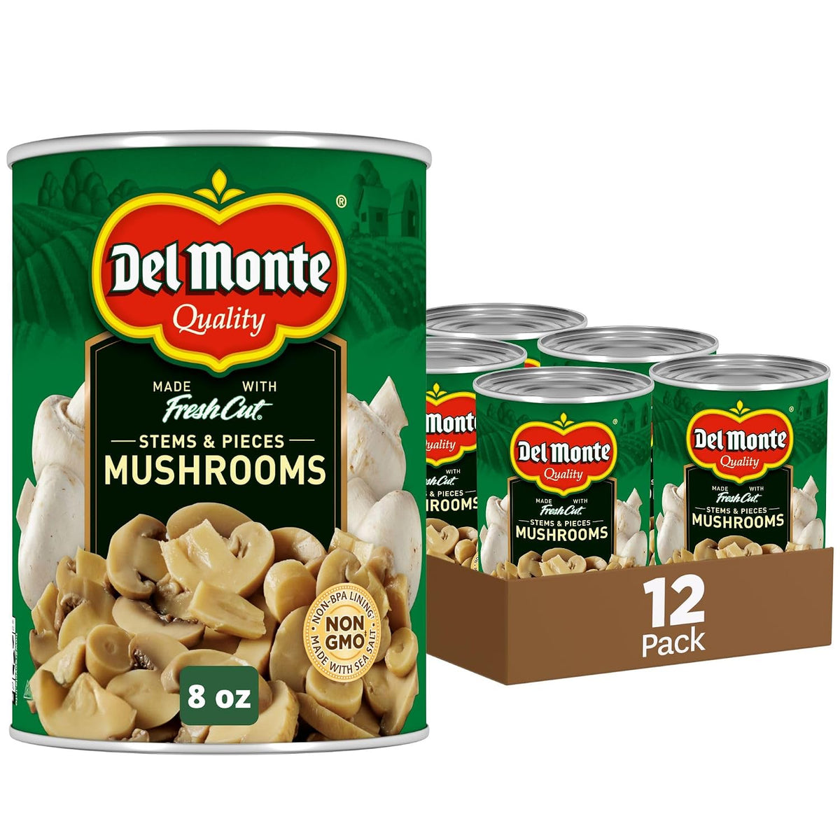 Canned Del Monte Mushrooms Stems and Pieces in 8 oz. cans, 12-pack, showing the product label and can shape.