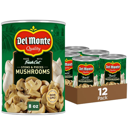 Canned Del Monte Mushrooms Stems and Pieces in 8 oz. cans, 12-pack, showing the product label and can shape.