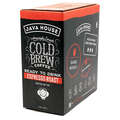 Java House Cold Brew Coffee on tap in a sleek dispenser, ready to serve with a dark, rich appearance and smooth finish.