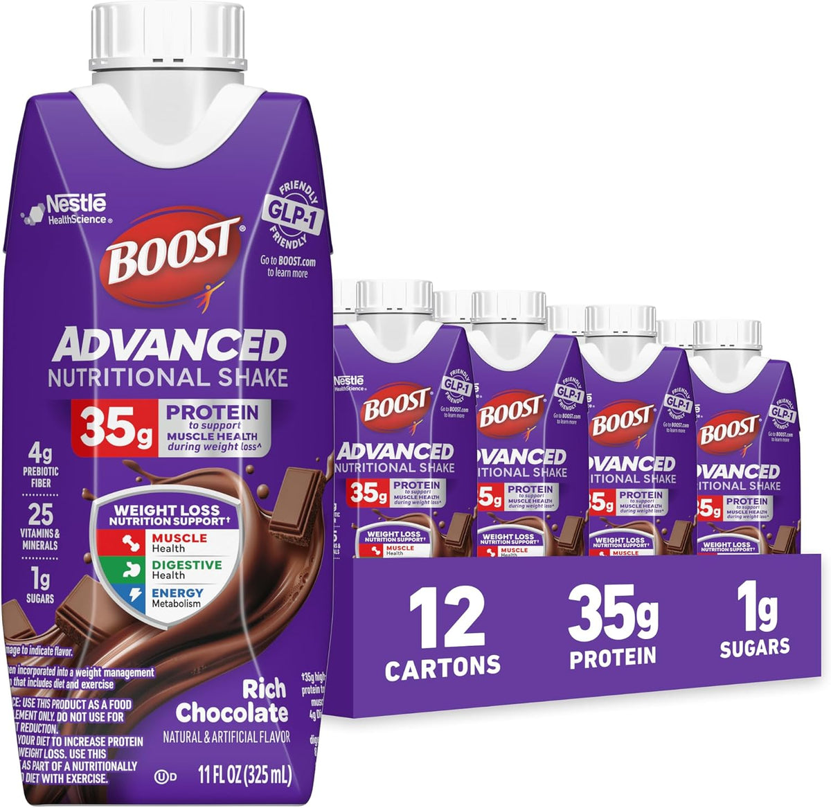 BOOST Advanced Nutritional Protein Shake in chocolate flavor, 12 cartons of 11 fl oz each, showing the cartons and labeling.