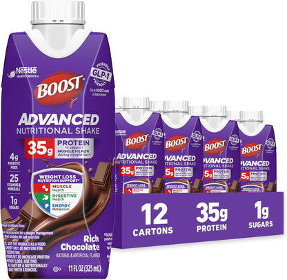 BOOST Advanced Nutritional Protein Shake in chocolate flavor, 12 cartons of 11 fl oz each, showing the cartons and labeling.