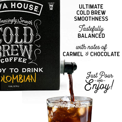 Java House Cold Brew Coffee on tap in a glass pitcher with ice, ready to serve.