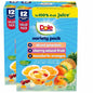 Dole fruit snack cups featuring diced peaches, mandarin oranges, and cherry mixed fruit in 4 oz containers, 12-pack.