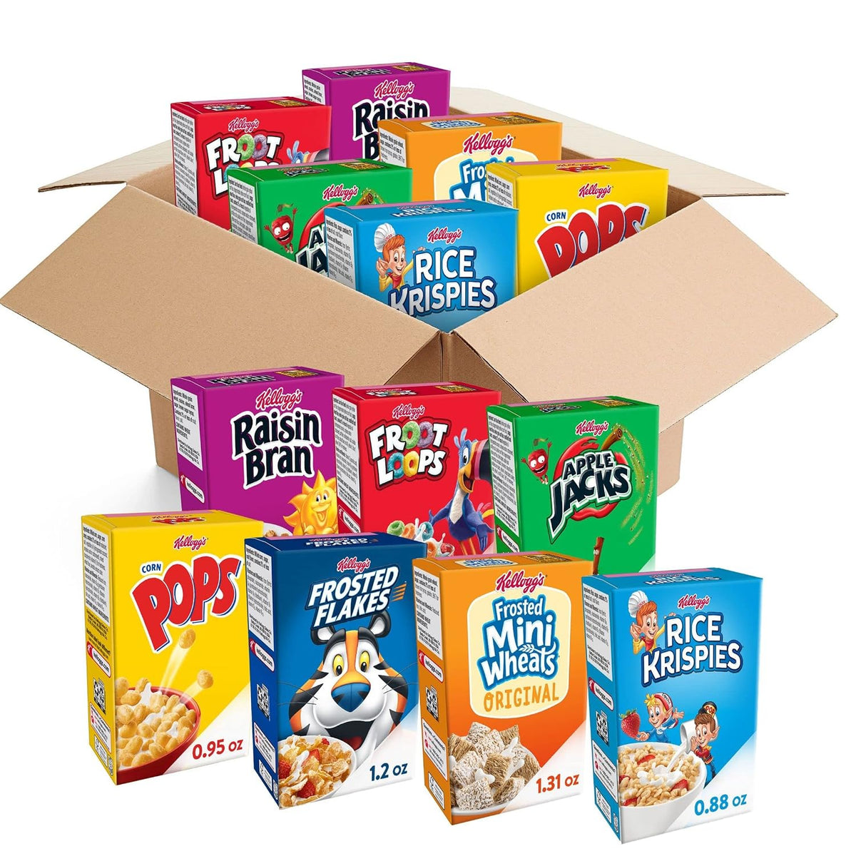 Assorted Kellogg's cold breakfast cereal boxes in a variety pack, perfect for kids' snacks and pantry staples.