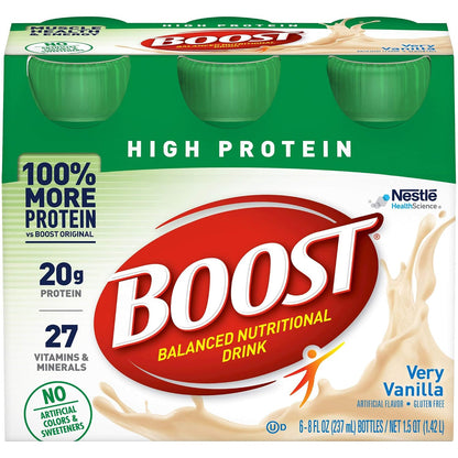 Pack of 24 BOOST Original Nutritional Drinks in 8-ounce bottles with creamy strawberry flavor, featuring colorful bottle labels.