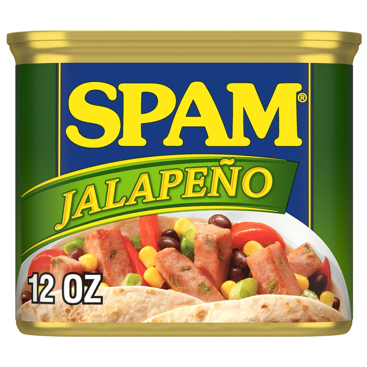 Canned SPAM spicy meat, 12oz, 25% less sodium, shelf-stable protein food, stacked can images