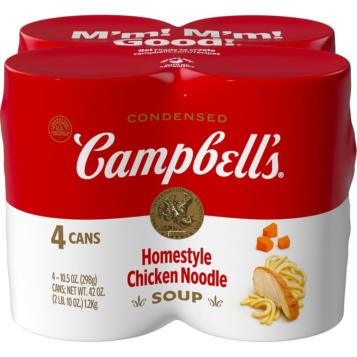 Four 10.75 oz cans of Campbell’s Condensed Chicken Noodle Soup, packaged in a clear plastic wrap.