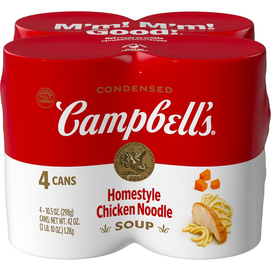 Four 10.75 oz cans of Campbell’s Condensed Chicken Noodle Soup, packaged in a clear plastic wrap.