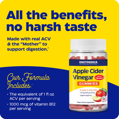 Enzymedica Apple Cider Vinegar Supplement for Women & Men - Apple Cider Vinegar Gummies with Mother, 1000 mcg Vitamin B12 & 710 mg ACV per Serving, Gut Health & Digestive Support, Vegan - 74 Count