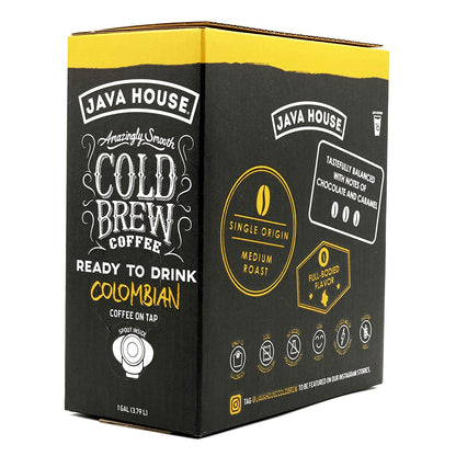 Cold brew coffee on tap from Java House, served in a clear glass with ice, showcasing a dark, rich coffee beverage.