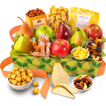 Fresh fruit gift basket by A Gift Inside featuring pears, apples, mixed fruit, nuts, and sweet snacks in a decorative box.