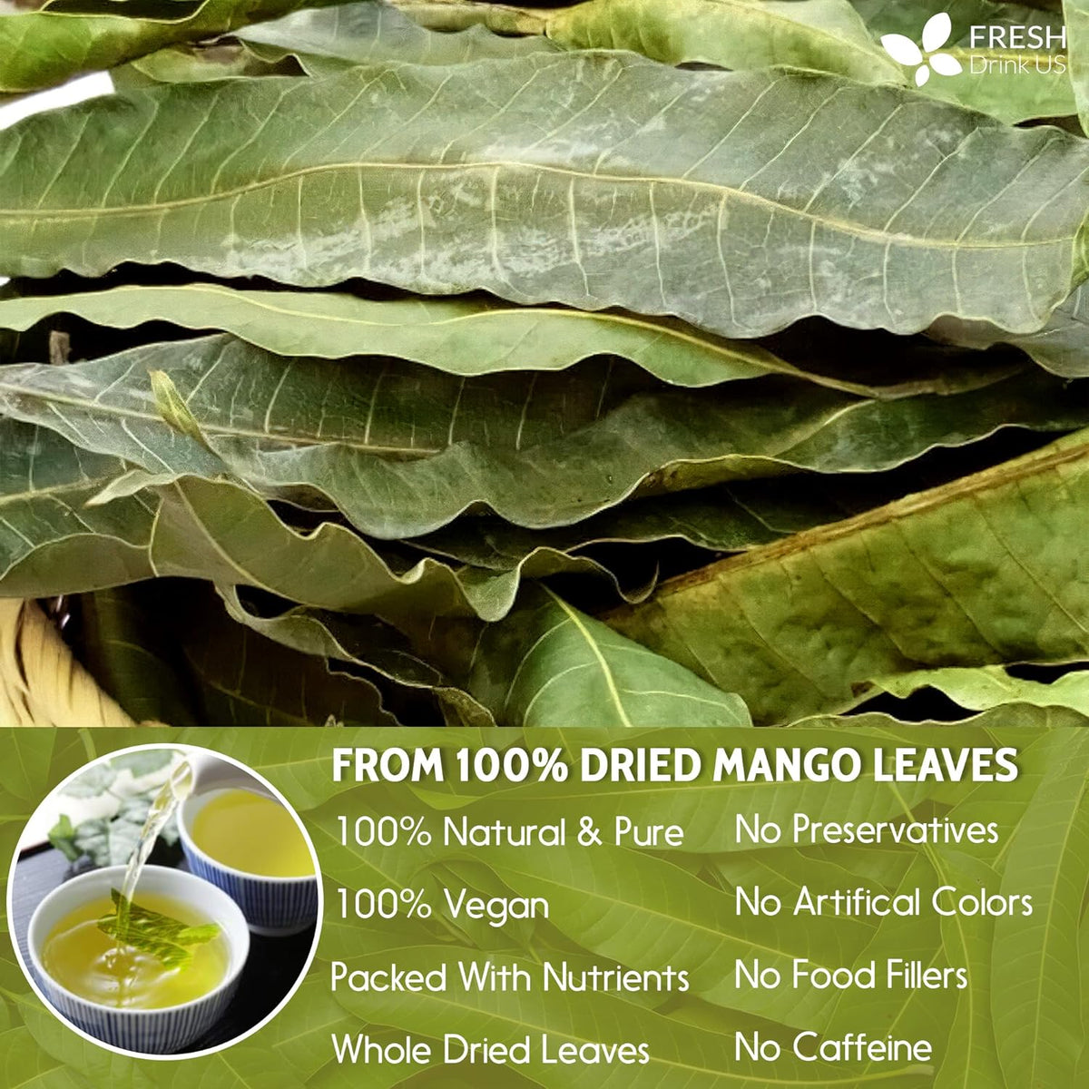 Whole dried mango leaves for herbal tea, natural and pure from FreshDrinkUS, perfect for loose leaf mango herbal tea.