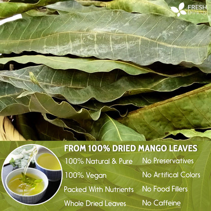 Whole dried mango leaves for herbal tea, natural and pure from FreshDrinkUS, perfect for loose leaf mango herbal tea.