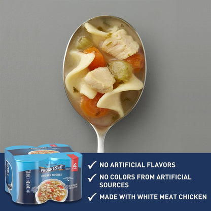 Canned Progresso Traditional Chicken Noodle Soup in 19 oz cans, 4-pack, featuring classic chicken noodle soup with noodles and chicken chunks.