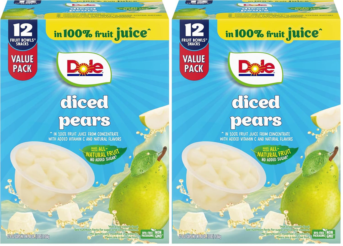 Canned Dole pineapple tidbits and tropical fruit in 4 oz bowls, 12-pack, showing colorful mixed fruit pieces in clear containers.