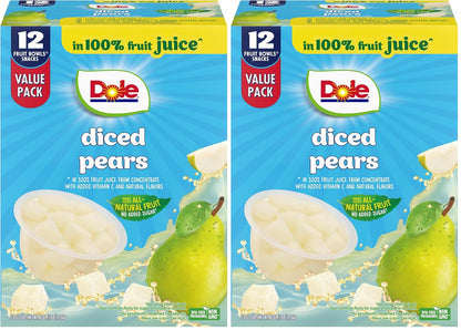 Canned Dole pineapple tidbits and tropical fruit in 4 oz bowls, 12-pack, showing colorful mixed fruit pieces in clear containers.