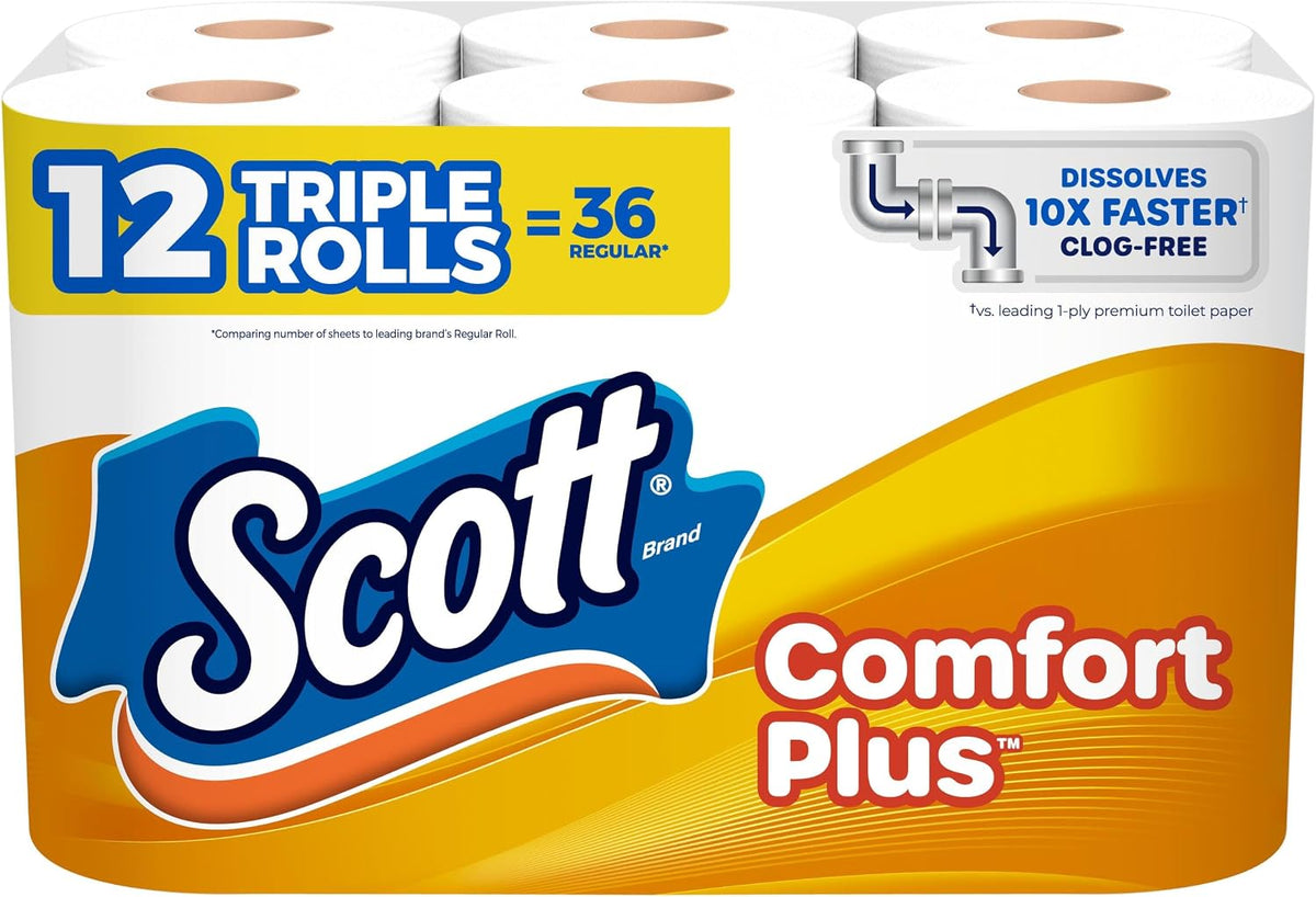 Scott ComfortPlus toilet paper, 12 triple rolls with 231 sheets per roll, 1-ply septic-safe tissue, shown in packaging.