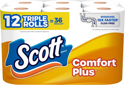 Scott ComfortPlus toilet paper, 12 triple rolls with 231 sheets per roll, 1-ply septic-safe tissue, shown in packaging.