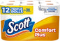 Scott ComfortPlus toilet paper, 12 triple rolls with 231 sheets per roll, 1-ply septic-safe tissue, shown in packaging.