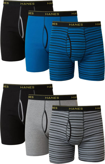Hanes men's boxer briefs pack with cool, breathable cotton and moisture-wicking fabric, designed for comfort and no ride-up fit.