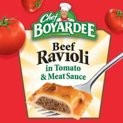 Four 15 oz cans of Chef Boyardee Beef Ravioli packaged together, showing the label and product inside the cans.