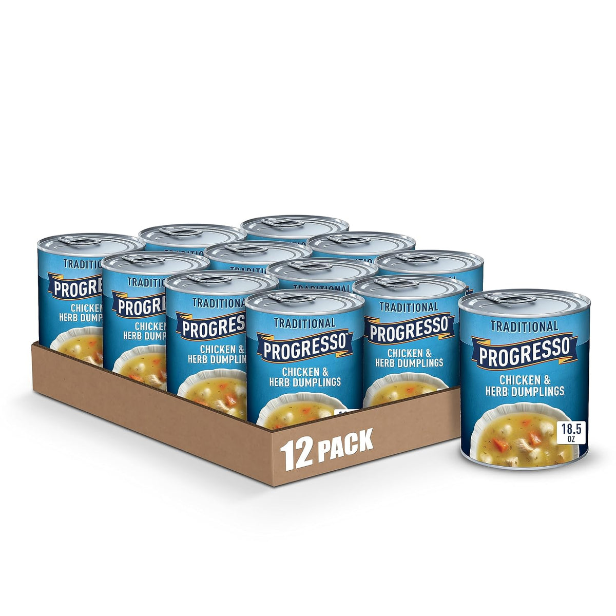 Cans of Progresso Traditional Chicken Noodle Soup, 19 oz, in a four-pack, with labels showing steaming chicken noodle soup in cans.