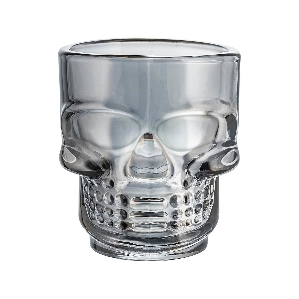Set of 6 Dura Living skull shot glasses, 1.75 oz novelty glassware for Halloween parties, cocktails, and home decor.