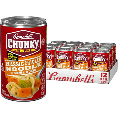 Campbell’s Chunky Chicken Broccoli Cheese Soup in an 18.8 oz can, showing the soup with chicken, broccoli, and cheese ingredients.