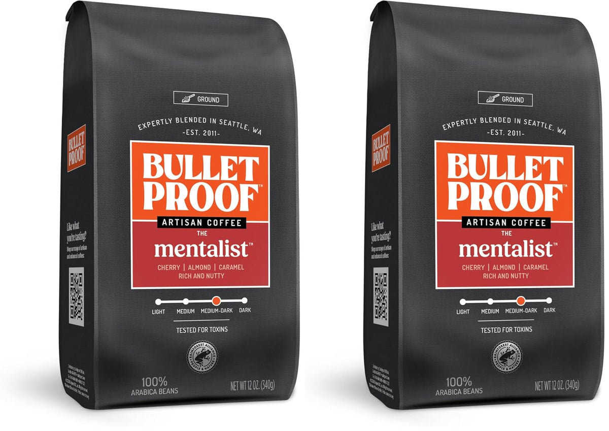 Bulletproof Original Medium Roast Ground Coffee 12 oz, 3-pack, in sealed bags with coffee grounds visible inside.