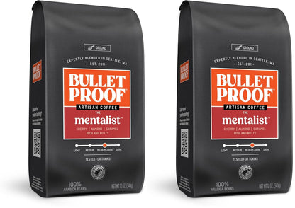 Bulletproof Original Cold Brew Coffee ground medium roast in 12 oz bag with coarse grounds, natural coffee beans and label details.