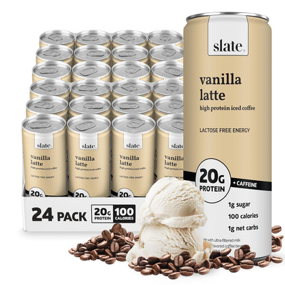Slate Milk high protein milk shakes and iced coffees in classic chocolate, mocha latte, vanilla latte, and French vanilla flavors.
