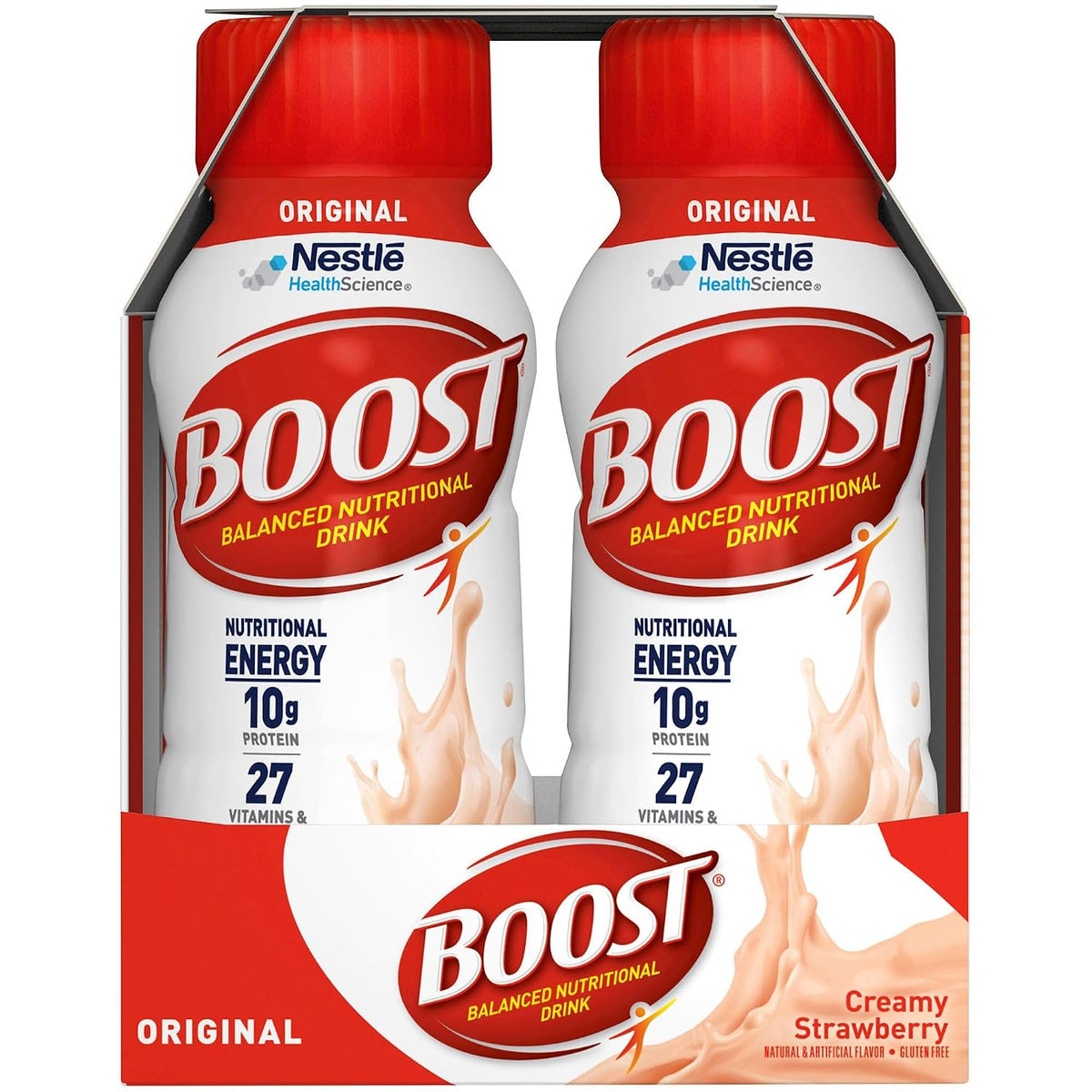 BOOST Original Nutritional Drink in creamy strawberry flavor, 8 oz bottle, shown in a pack of 24.