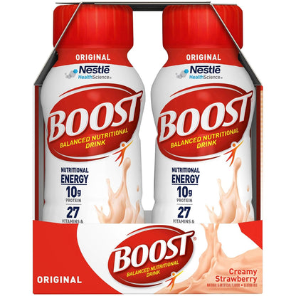 BOOST Original Nutritional Drink in creamy strawberry flavor, 8 oz bottle, shown in a pack of 24.