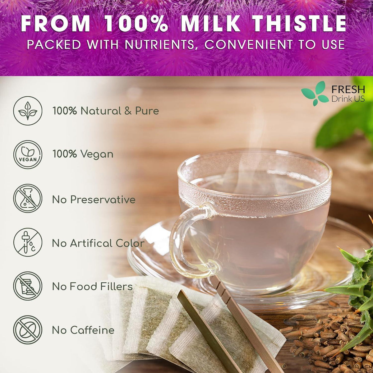 Premium Milk Thistle Tea Bags, 100% Natural & Pure from Milk Thistle Seeds. Milk Thistle Seed Herbal Tea. Milk Thistle Seed Tea. Made with Natural Material Tea Bags. No Sugar, No Caffeine, No Gluten, Vegan.