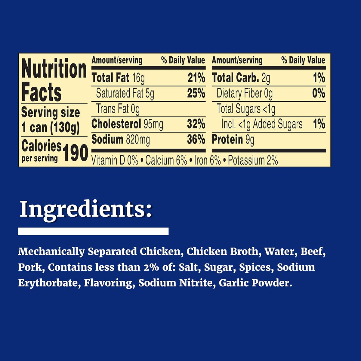 Libby's Vienna Sausage in chicken broth, canned sausage pack of 24, 4.6 oz each, showing canned sausages in a pack.