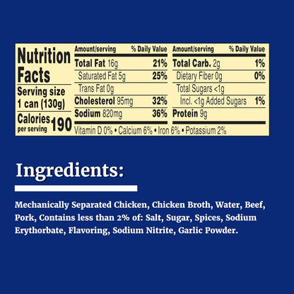 Libby's Vienna Sausage in chicken broth, canned sausage pack of 24, 4.6 oz each, showing canned sausages in a pack.