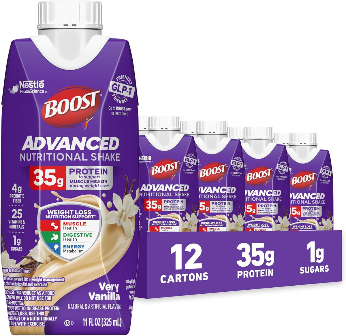 BOOST Advanced Nutritional Protein Shake in chocolate flavor, 12-11 fl oz cartons, rich and creamy for meal replacement or snack