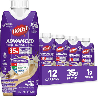 BOOST Advanced Nutritional Protein Shake in chocolate flavor, 12-11 fl oz cartons, rich and creamy for meal replacement or snack