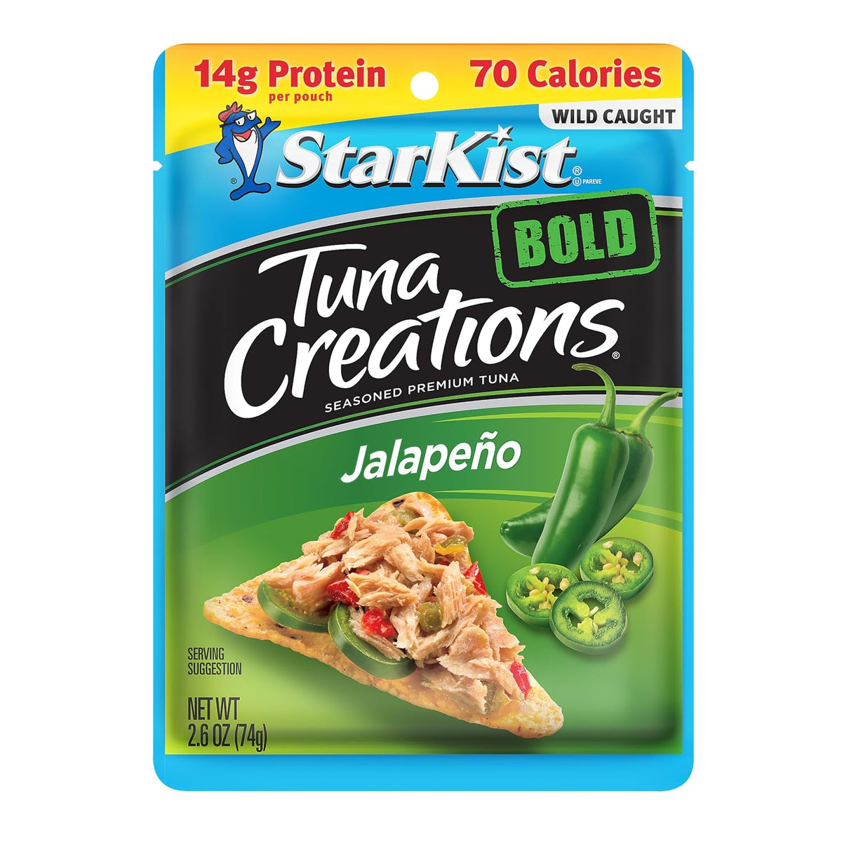 StarKist Tuna Creations Chipotle Lime packaged tuna fish pouch, 2.6oz, 24-pack, showing the colorful tuna pouch with branding.